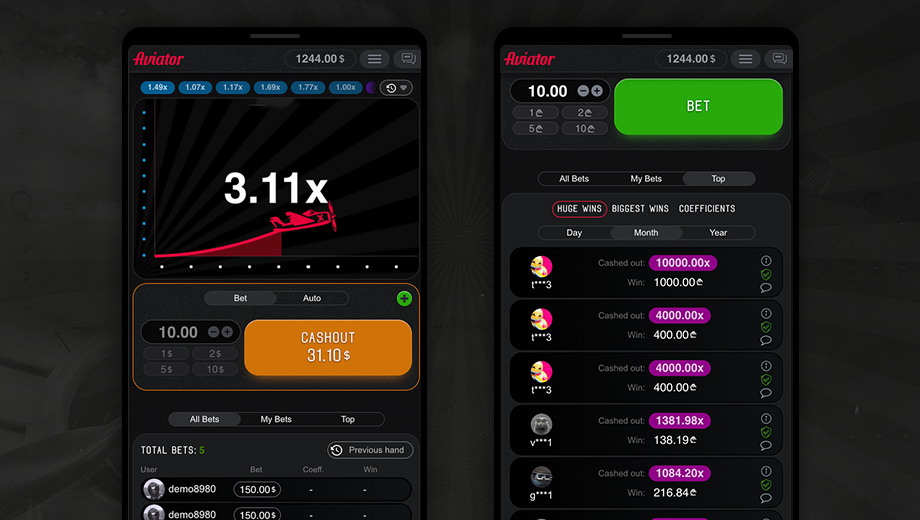 Interface móvel do Aviator publicada pela Spribe: cashout e estatísticas