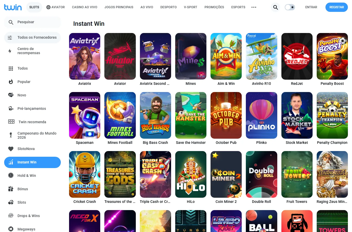 Catálogo Instant Win da Twin com o jogo Aviator