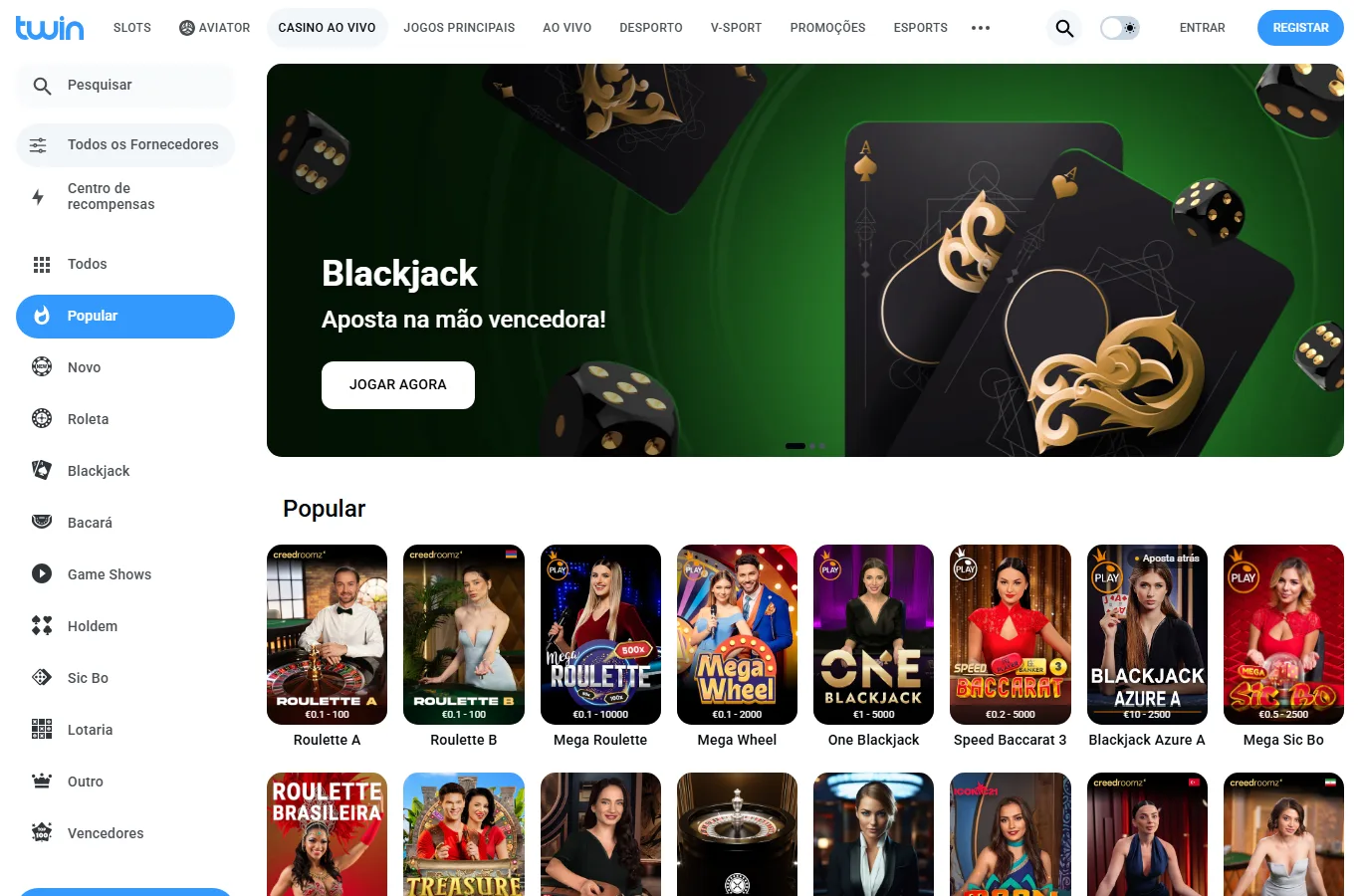 Interface Twin: Ver casino ao vivo