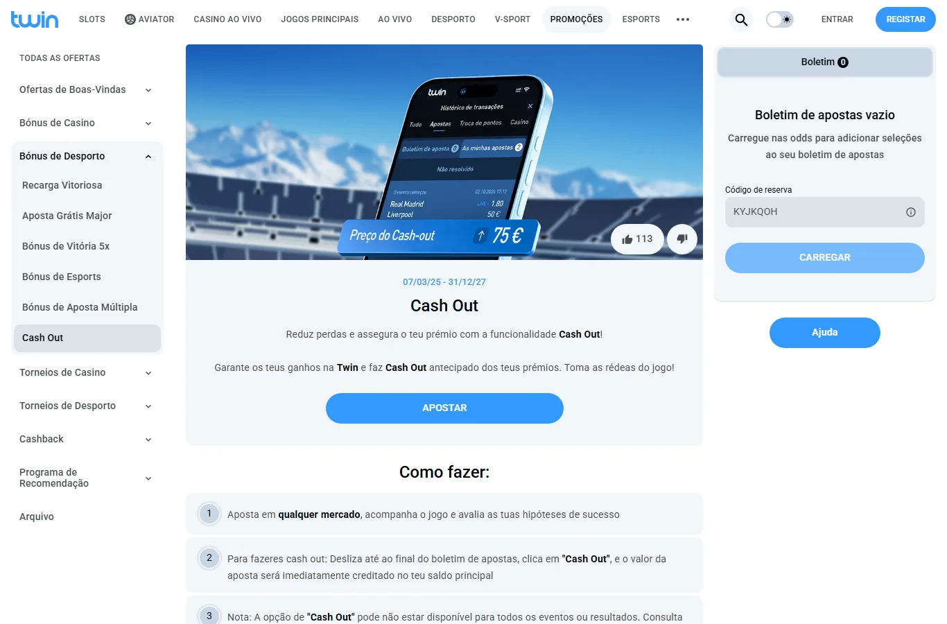 Interface Twin: Ver apostas